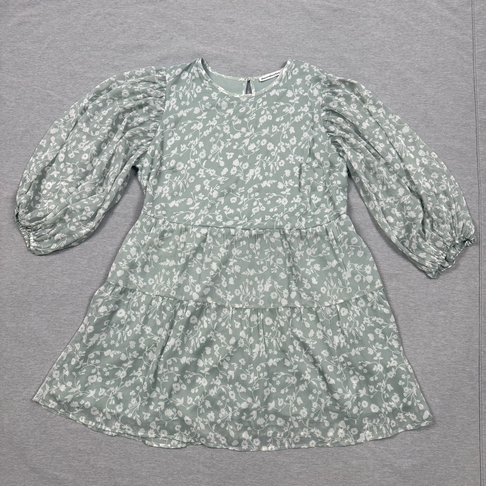 A&F Sage Green Floral Tiered Mini Dress Puff Sleeves Cottagecore XL